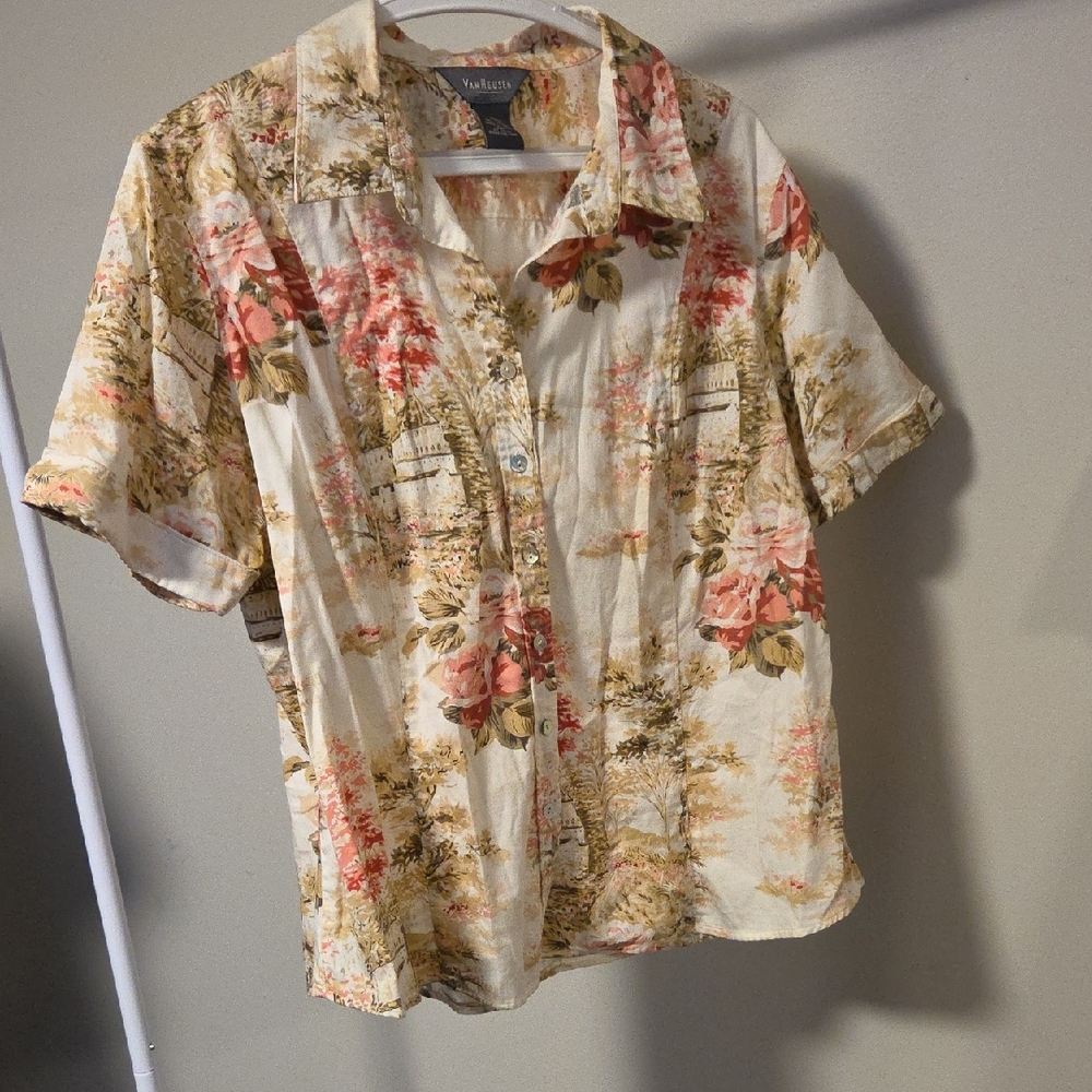 Floral Button Down Women’s 2X Cream Pink Plus Size Summer Lightweight Blouse